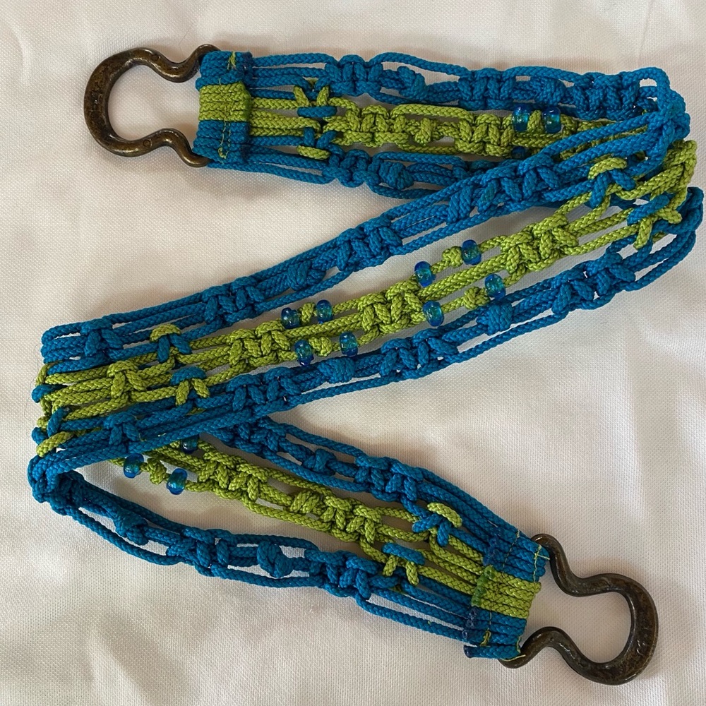 Aqua Blue Lime Green Macrame Belt‎ Brass Buckle